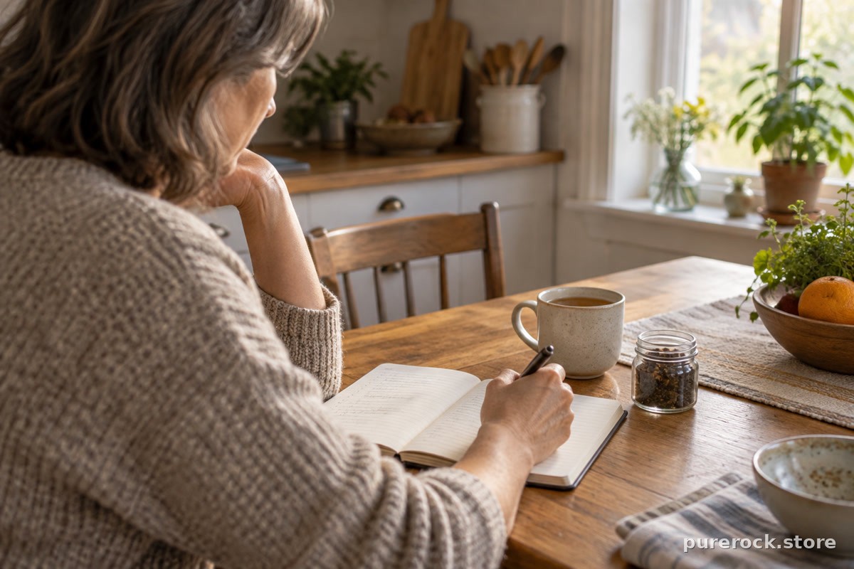 A person at a kitchen table writing questions in a notebook before a medical appointment, with a small unlabeled jar of dark resin nearby