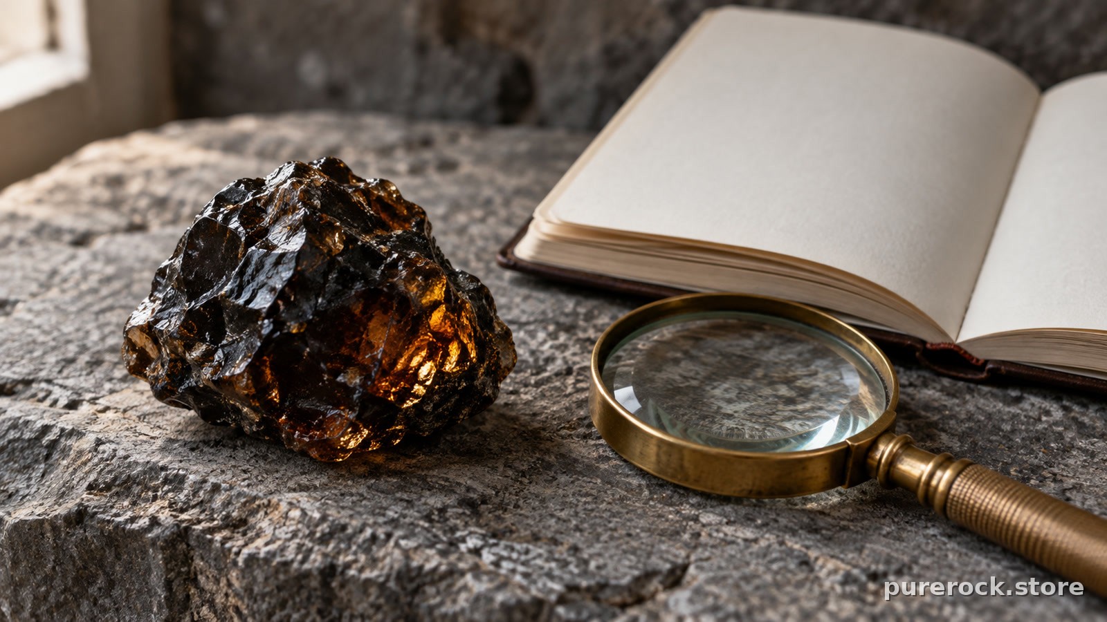 A dark piece of mineral resin on a stone surface beside an open notebook and magnifying glass, suggesting careful scrutiny