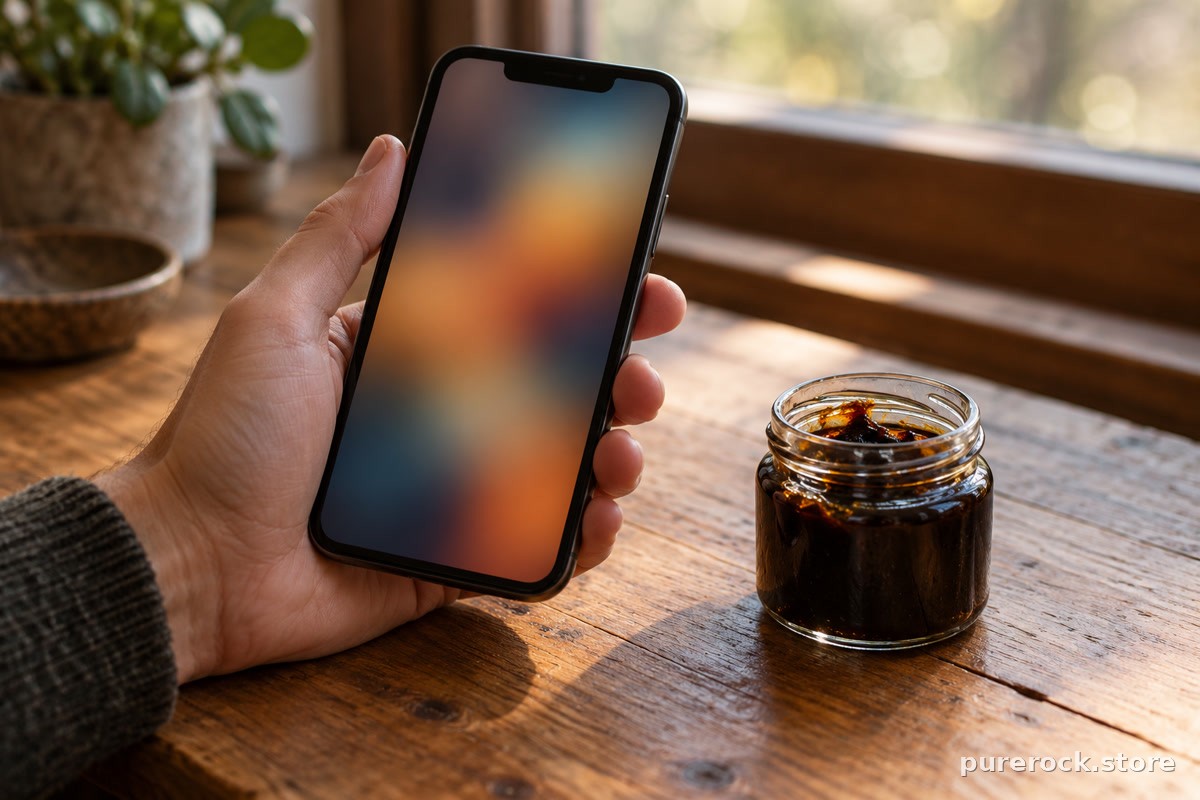 A hand holding a smartphone with a blurred screen beside a small jar of dark resin, representing social media claims about shilajit