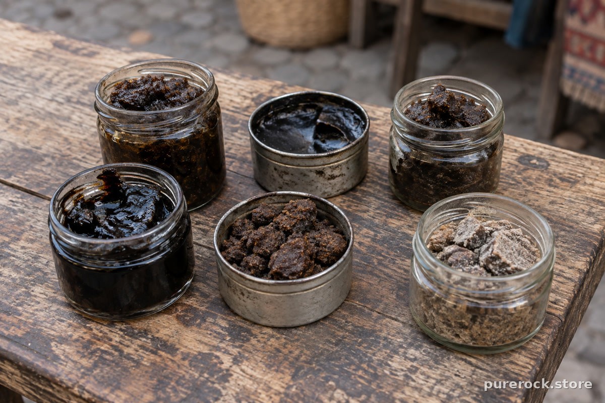 Several unlabeled jars of dark resin of varying texture and sheen on a market-style table, illustrating inconsistent product quality