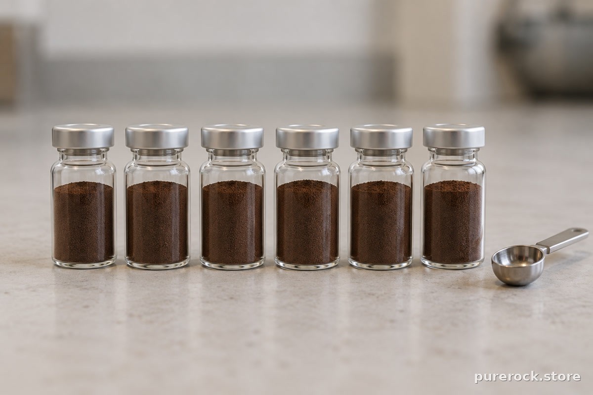 A row of identical unlabeled glass vials of fine dark powder on a pale bench, representing the single standardized extract used in funded trials