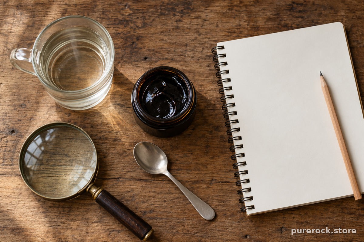 A jar of dark resin, glass of warm water, spoon, magnifying glass and blank notebook arranged on a table, representing combining several purity checks