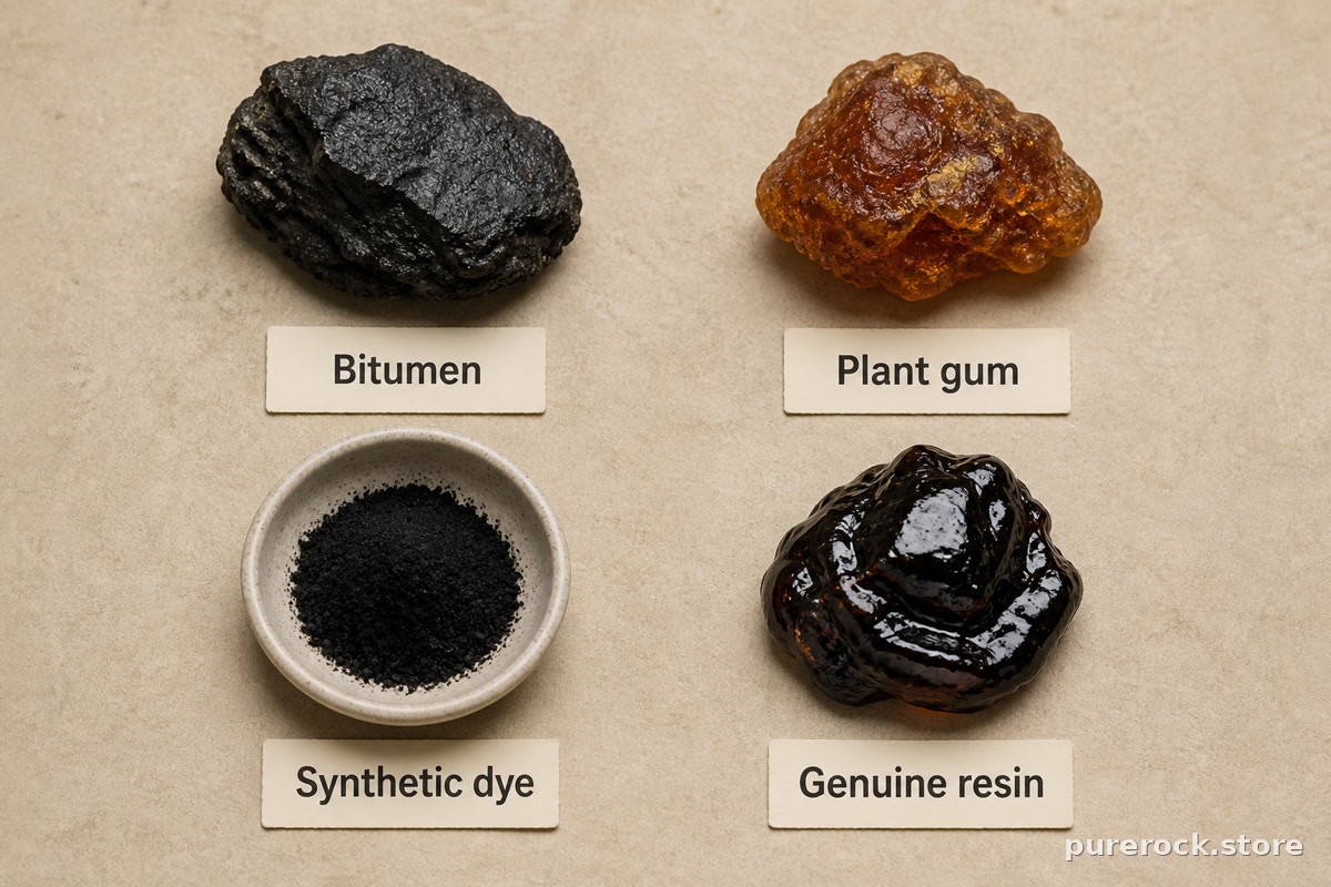 Common shilajit adulterants including bitumen, plant gum, and synthetic dye samples laid out for comparison
