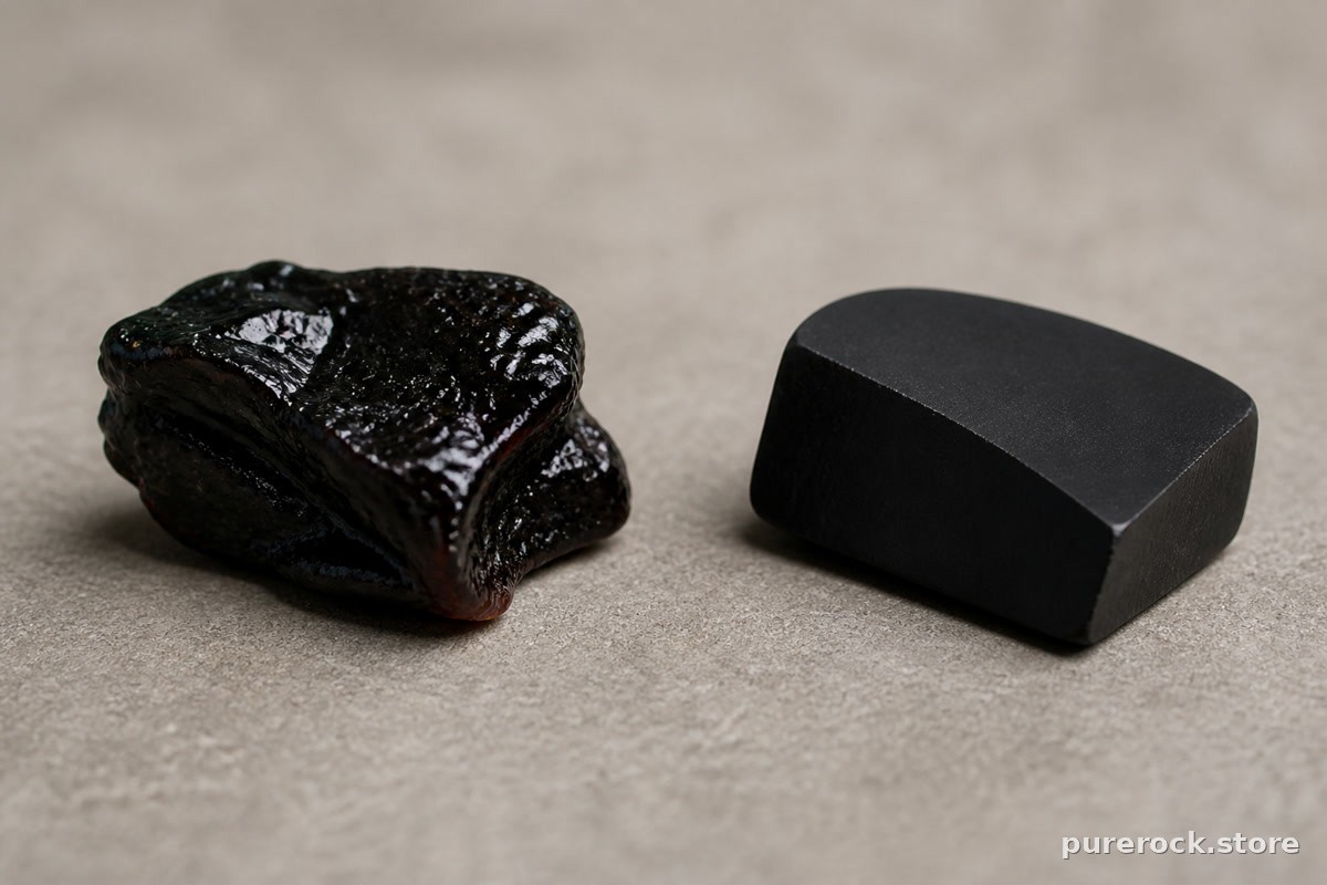 Close-up comparison of raw shilajit resin texture versus a smooth, uniform fake substitute