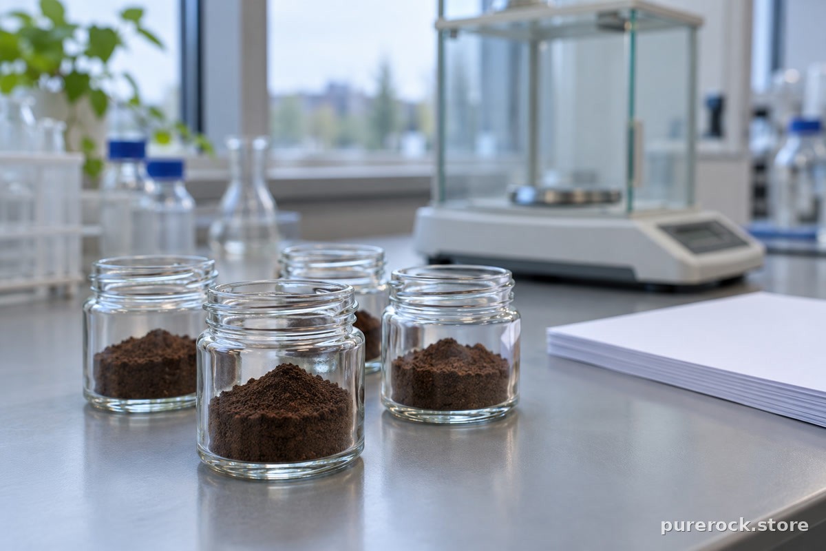 Small unlabeled glass sample jars of dark powder on a laboratory bench beside a blurred balance, representing independent lab testing of shilajit