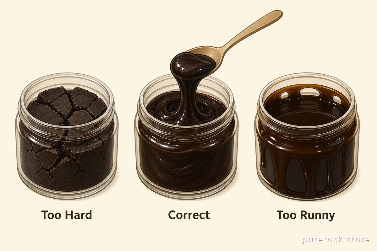 Comparison of firm, pliable shilajit resin versus overly hard or overly runny resin