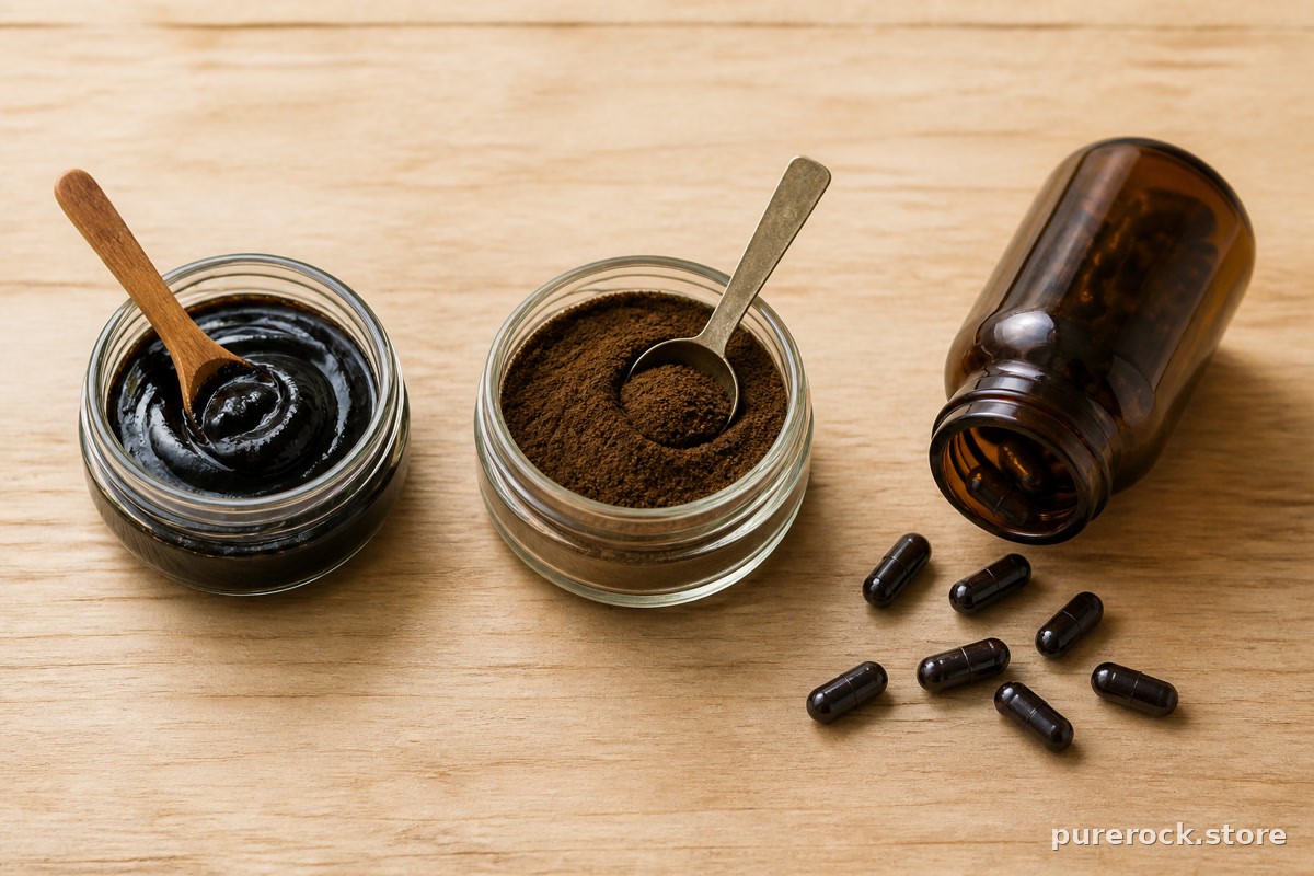 Side-by-side of shilajit resin, powder, and capsules on a wooden surface
