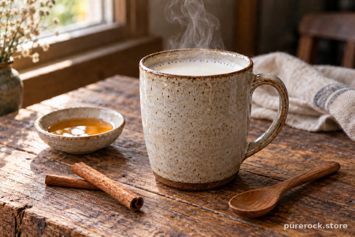 A mug of warm milk with cinnamon sticks and a small dish of honey on a wooden table, showing common ways to soften the taste of resin