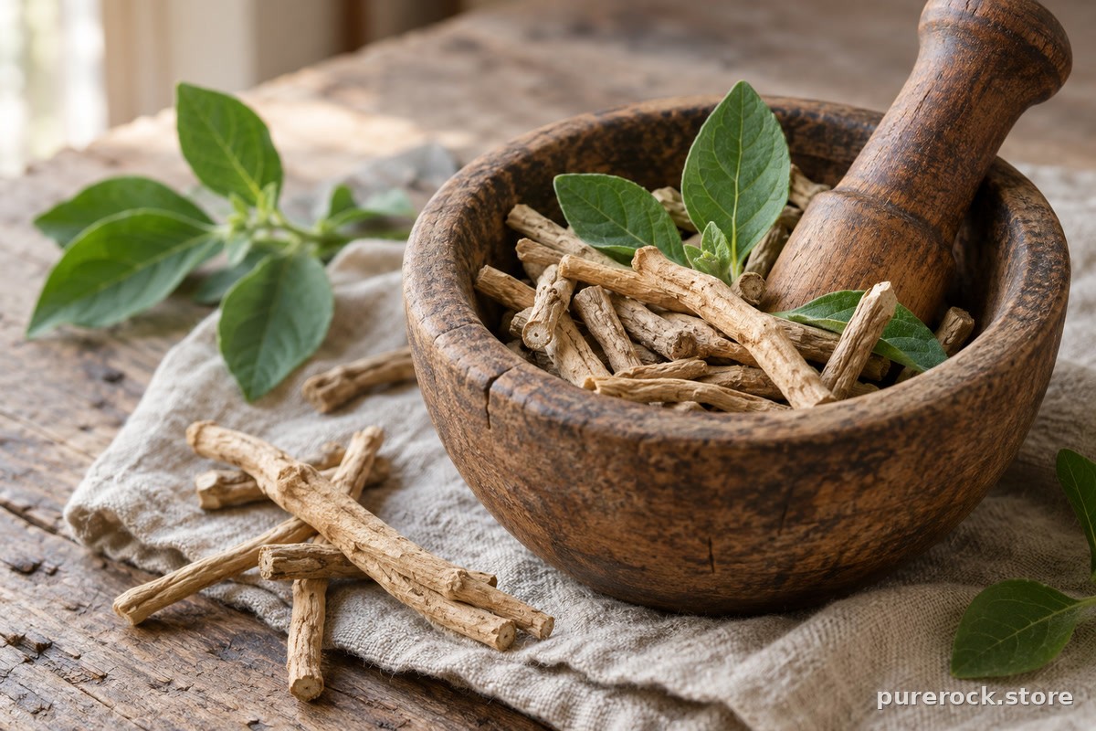 Dried ashwagandha root pieces and green leaves in a wooden mortar with pestle on linen, illustrating the plant behind the stress research