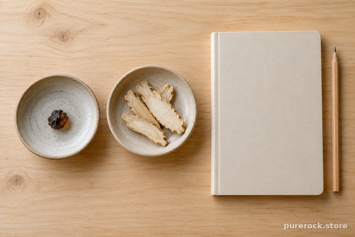 Two small ceramic dishes on a wooden table, one holding dark resin and one holding pale root slices, with a blank notebook and pencil nearby