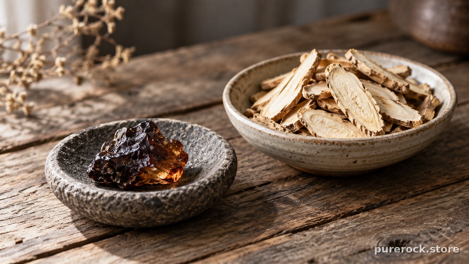 A dark piece of mineral resin on a stone dish beside a small bowl of pale dried roots on a wooden table in soft daylight