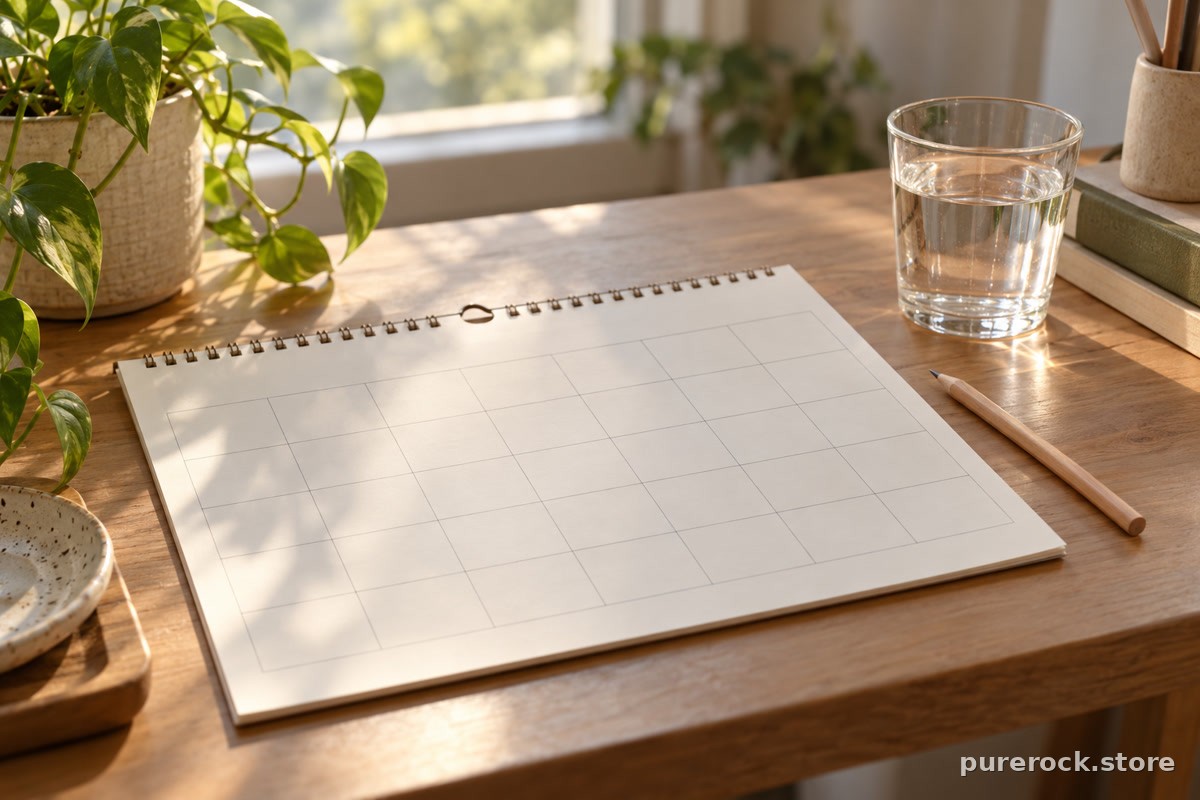 A hand-written style daily tracking calendar with blank squares beside a glass of water on a desk in morning light