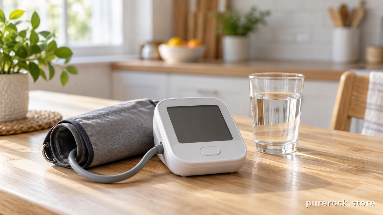 An upper-arm home blood pressure monitor resting on a wooden kitchen table beside a glass of water in soft morning light