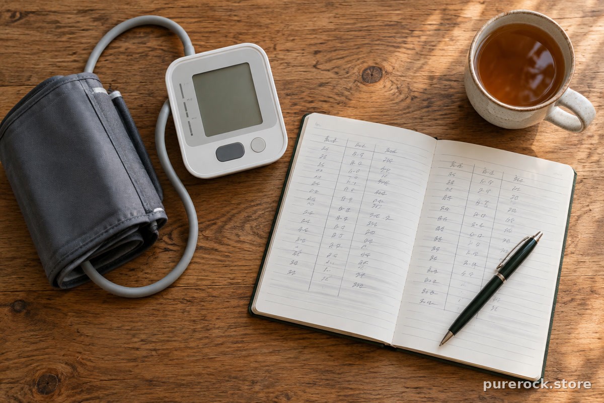 A home blood pressure monitor beside an open notebook with handwritten daily readings on a kitchen table