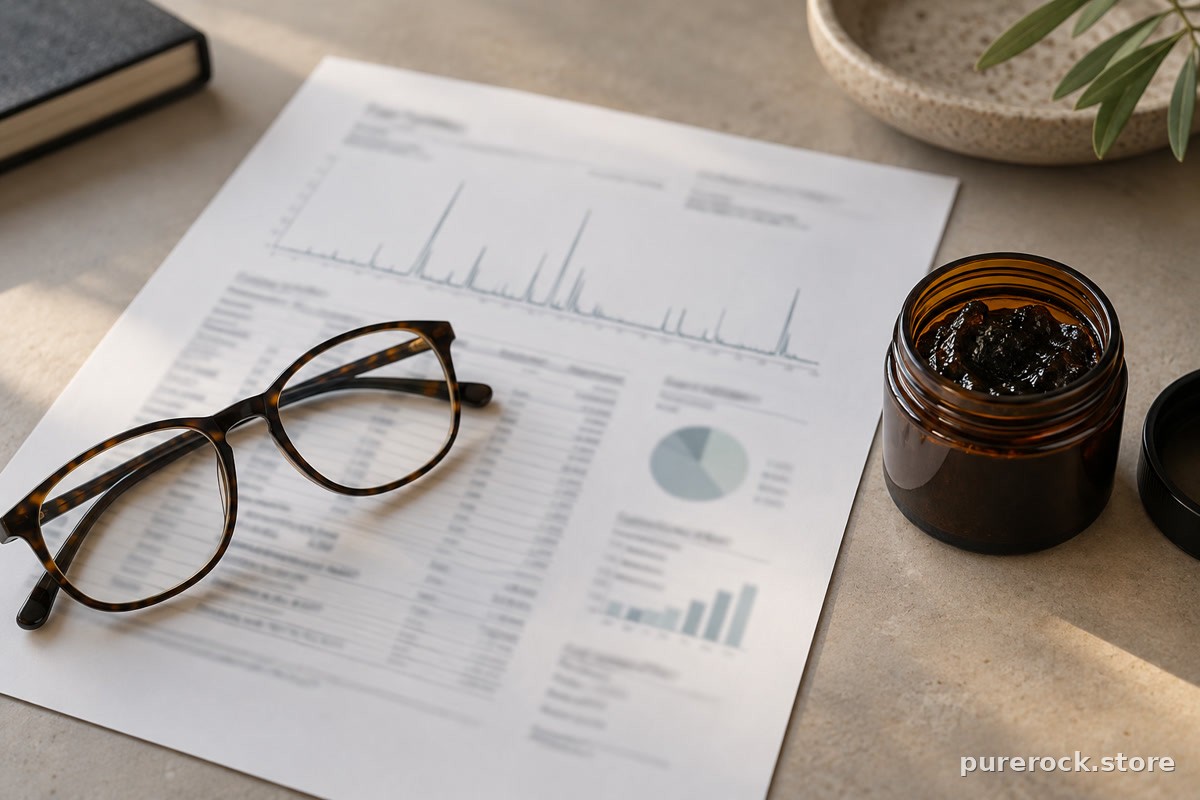 A printed laboratory certificate of analysis lying beside a small unbranded glass jar of dark resin on a neutral desk