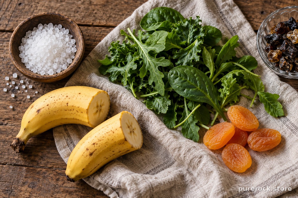 Coarse salt, banana, leafy greens and dried apricots on a linen cloth with a small dish of dark resin, illustrating sodium and potassium