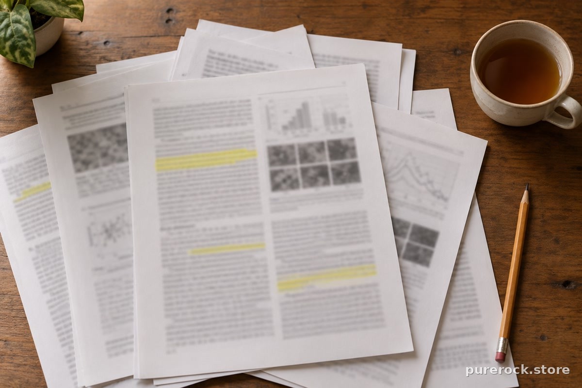 Printed research papers with a few highlighted lines, a pencil and a cup of tea on a wooden desk, for reading the human studies