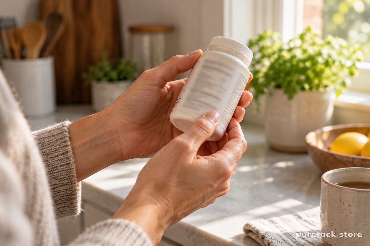 A person’s hand holding a supplement bottle and reading the back label under a kitchen window light, label text not legible