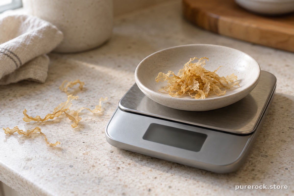 A small kitchen scale with a dish holding a pinch of dried seaweed, illustrating how iodine intake from seaweed varies by amount