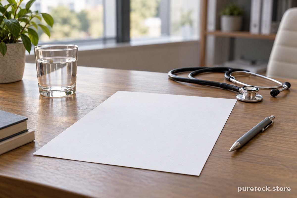 A sheet of blank paper with a pen and a small glass of water on a desk, with a stethoscope draped nearby, soft window light