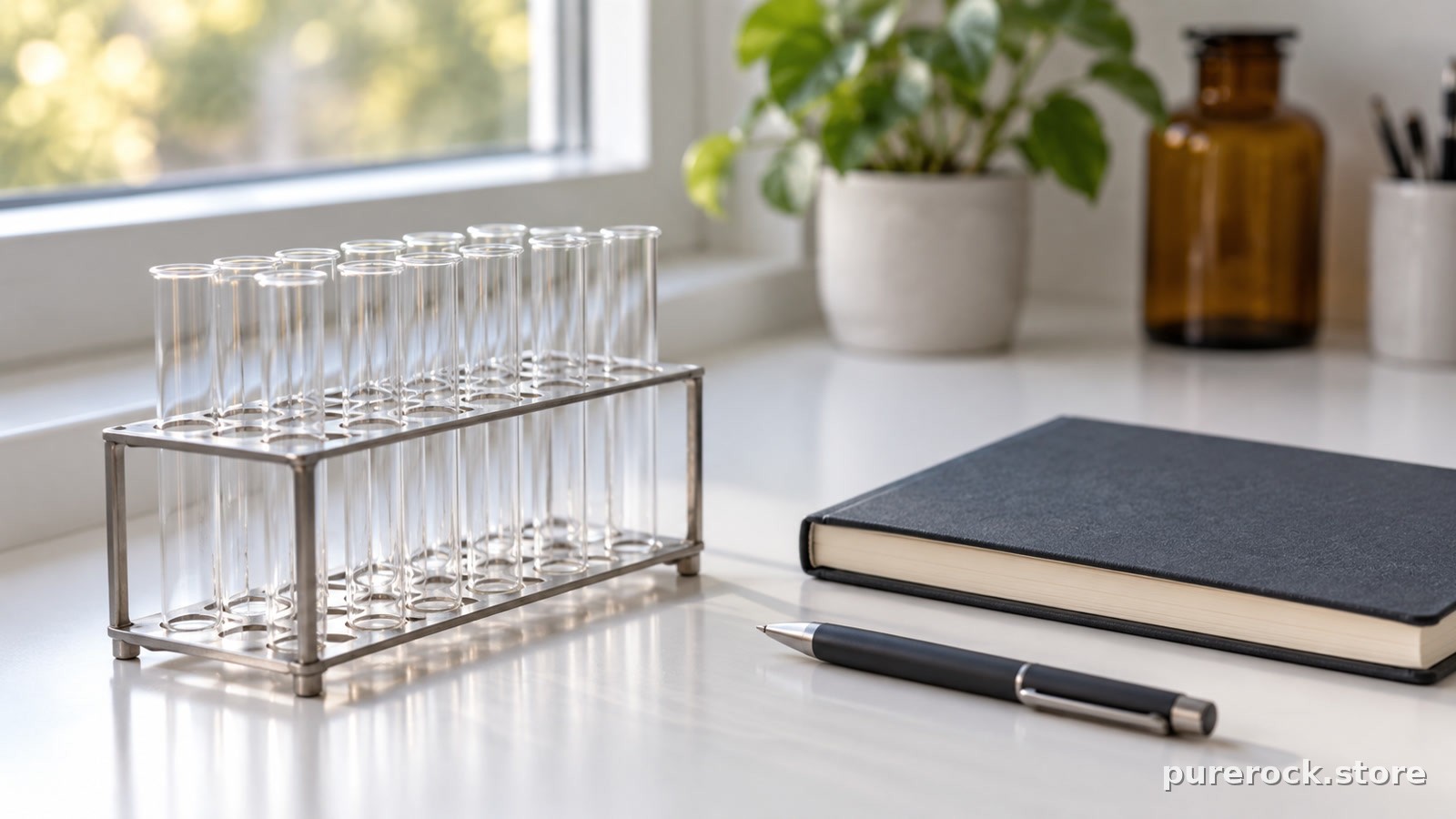 A glass lab sample tube rack in soft focus beside a notebook on a clean white desk