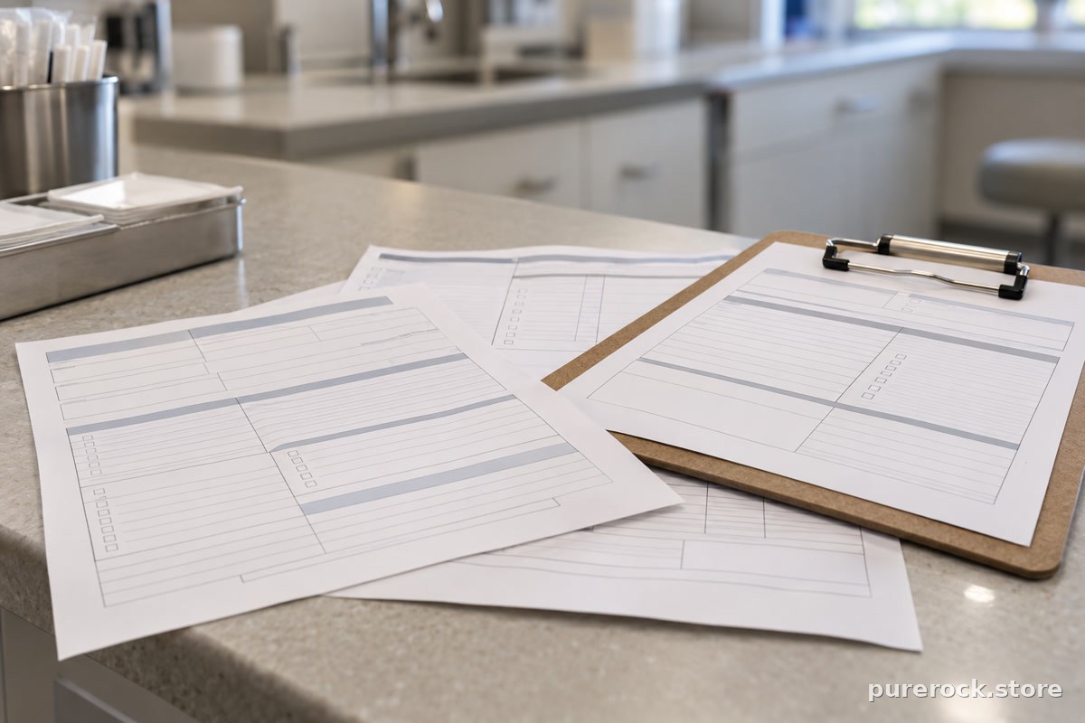 Several blank lab requisition forms and a clipboard on a clinic counter, shallow depth of field