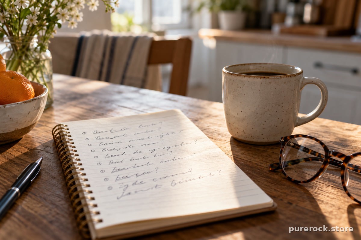 A handwritten checklist of questions on a notepad beside a coffee mug and reading glasses on a kitchen table