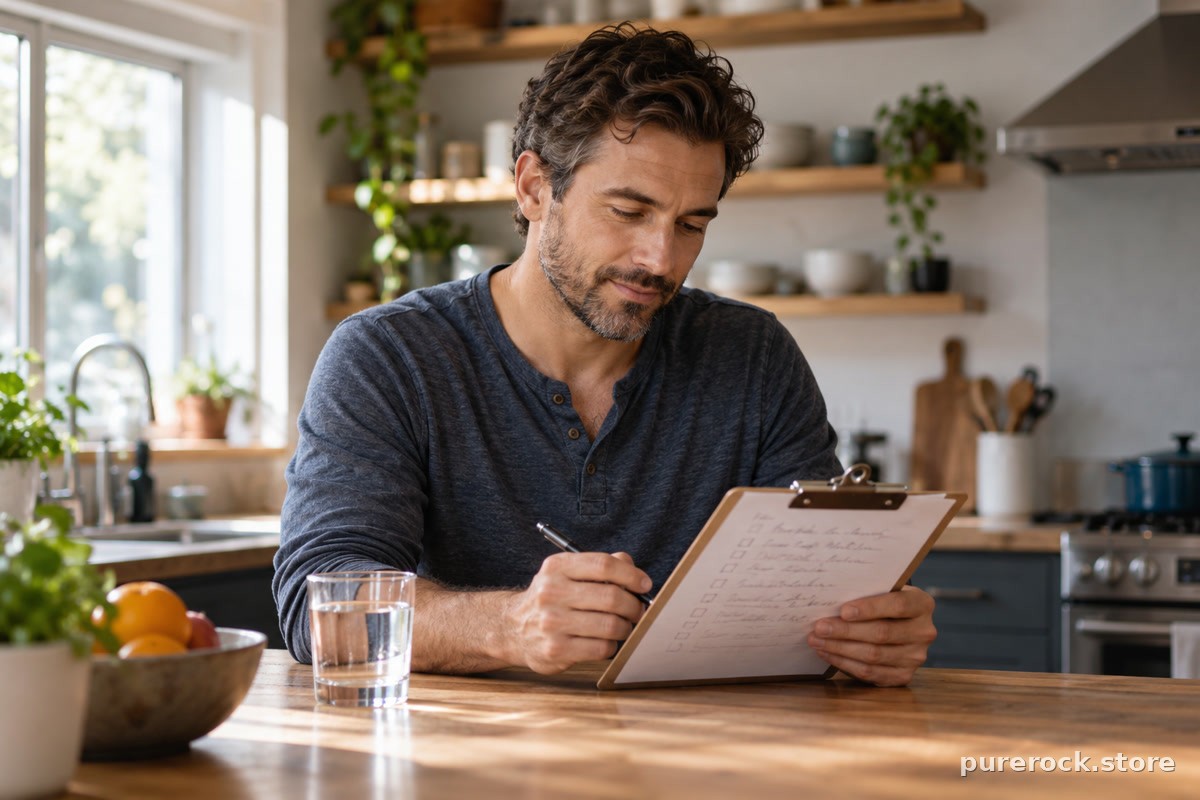 A man reviewing a checklist on a clipboard at a kitchen counter with a glass of water, morning light