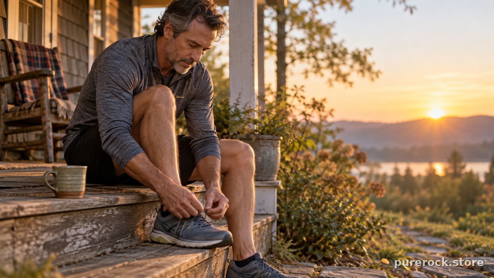 A middle-aged man tying running shoes on a wooden porch step at sunrise, a mug of tea beside him