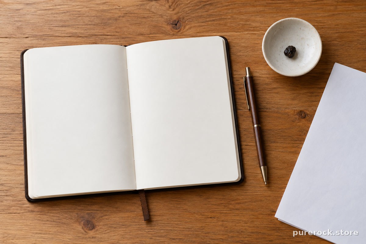 A wooden desk with a notebook, a pen, and a small glass dish of dark resin beside a printed lab results sheet turned face down