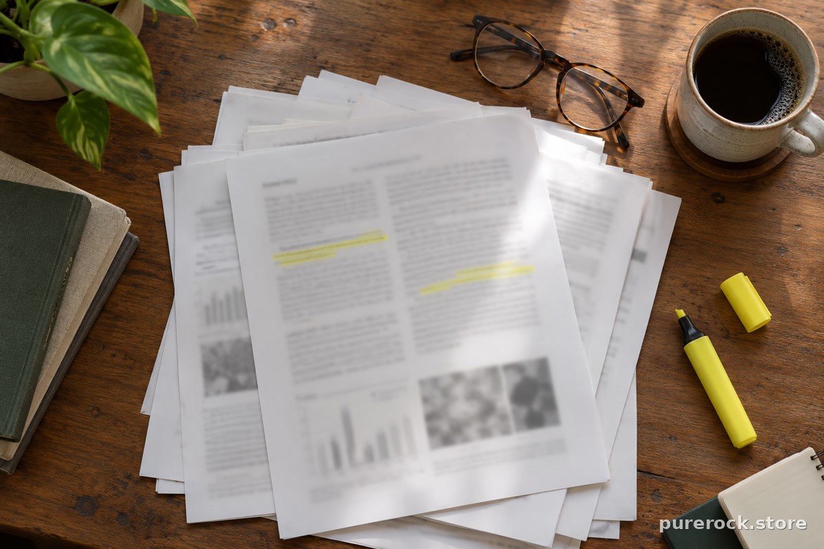 Printed research papers with blurred text, a highlighter and reading glasses on a wooden desk, representing reviewing who the trials studied