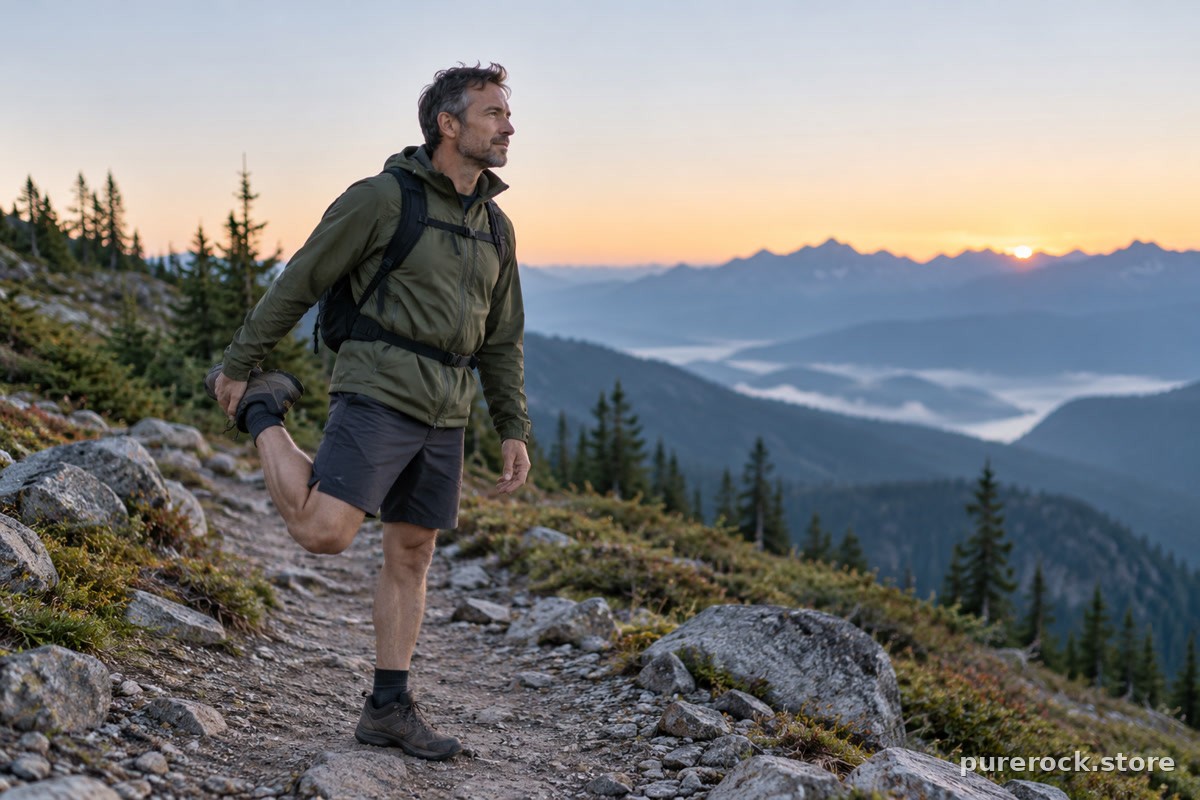 A man in his late forties stretching on a hiking trail at dawn, mountains softly out of focus behind him