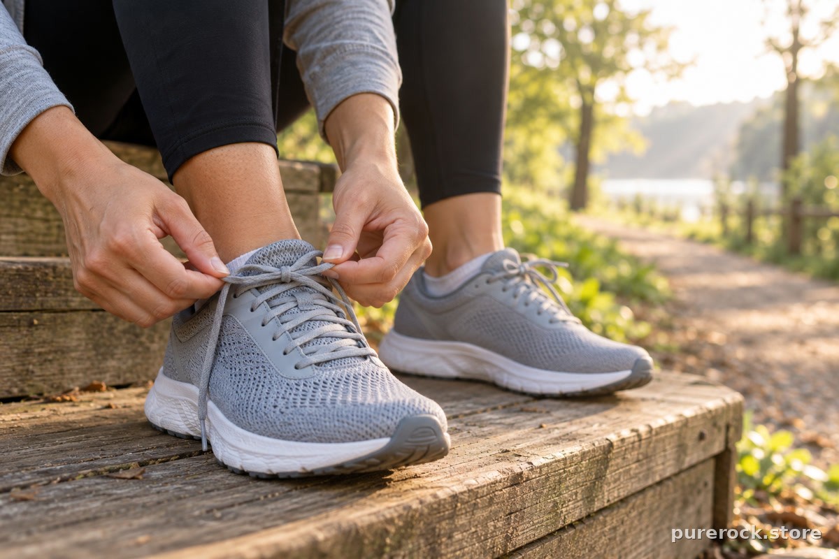 A person’s hands tying running shoes on a wooden step in morning light, suggesting everyday physical activity