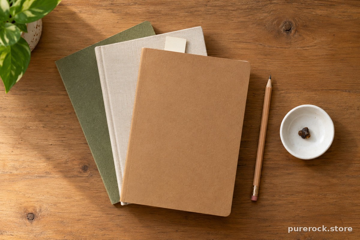 Three study notebooks fanned on a desk, one marked with a bookmark, representing sorting claims by evidence strength