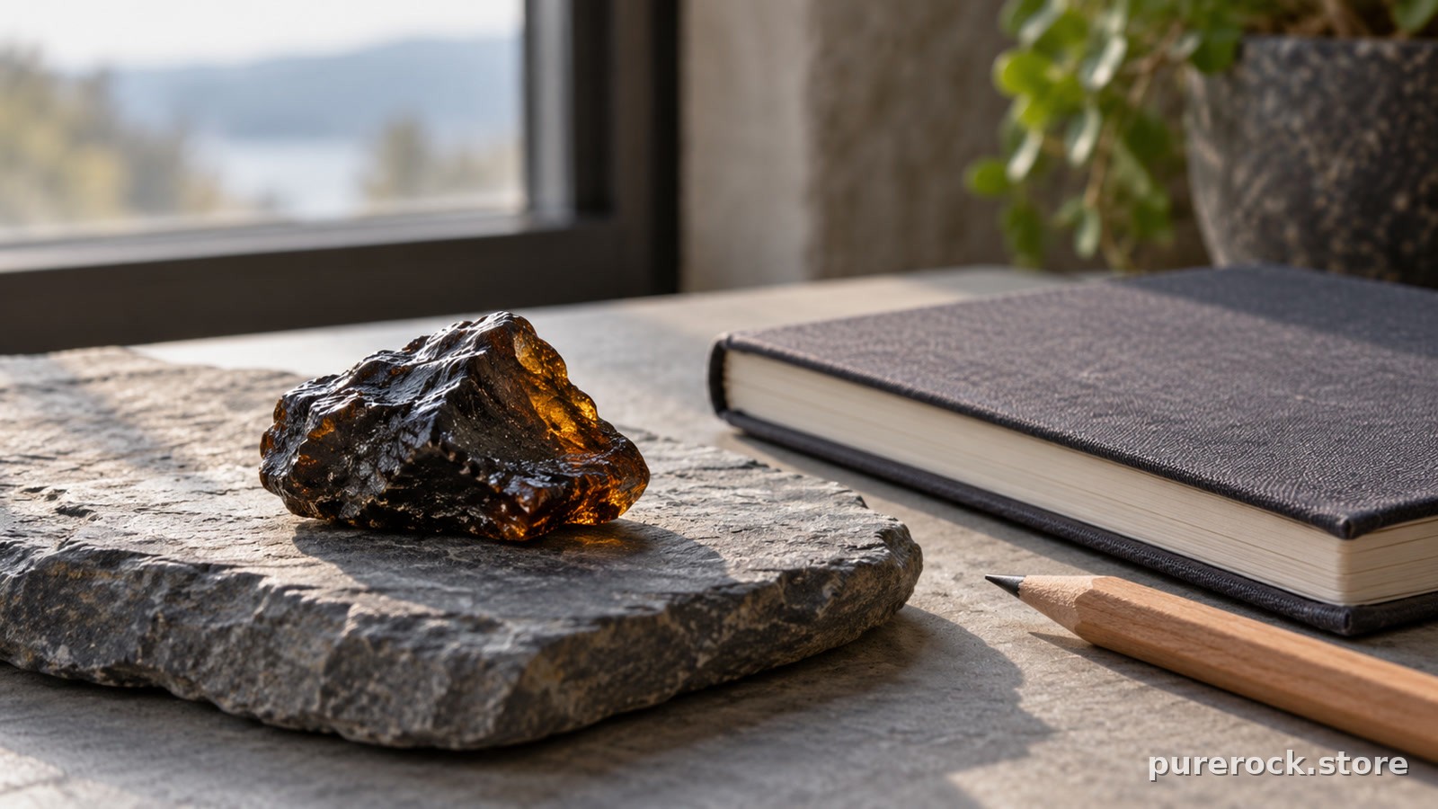 A small dark piece of mineral resin on a stone slab next to a ruled notebook and a pencil, suggesting a careful ledger of claims