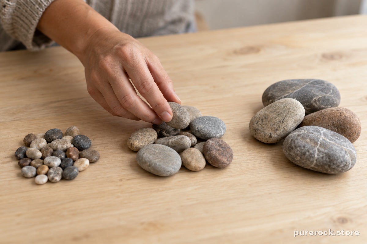 A hand sorting small stones into separate groups on a table, symbolizing grading claims into evidence categories