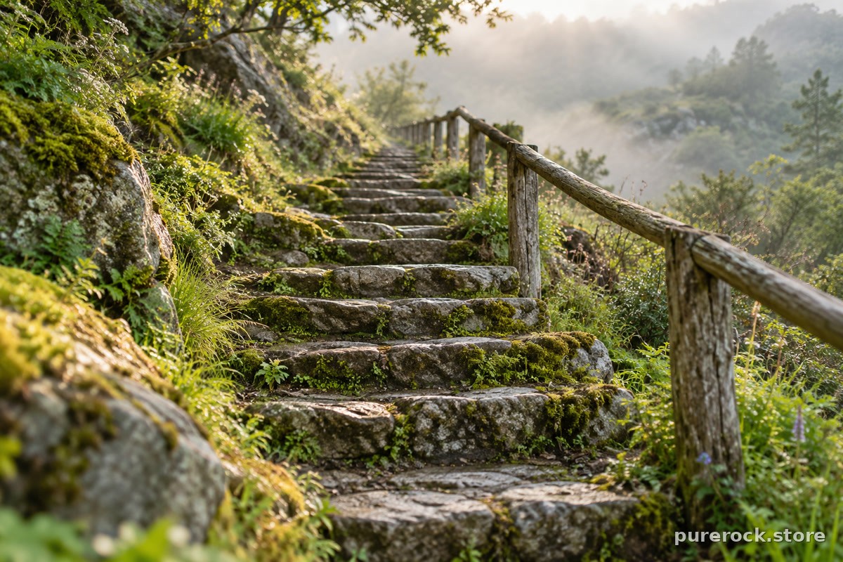 A worn stone staircase with a wooden handrail climbing a misty hillside path, suggesting slow long-term structural health