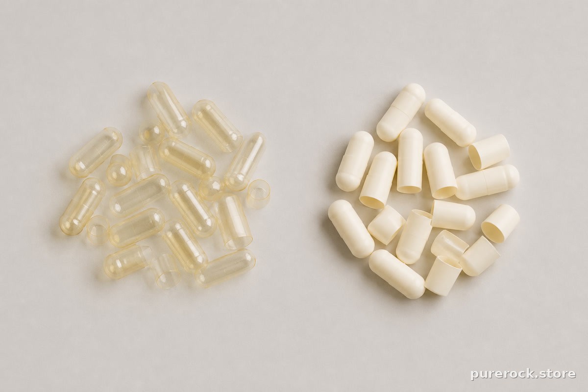 Vegetarian and gelatin capsule shells side by side for comparison