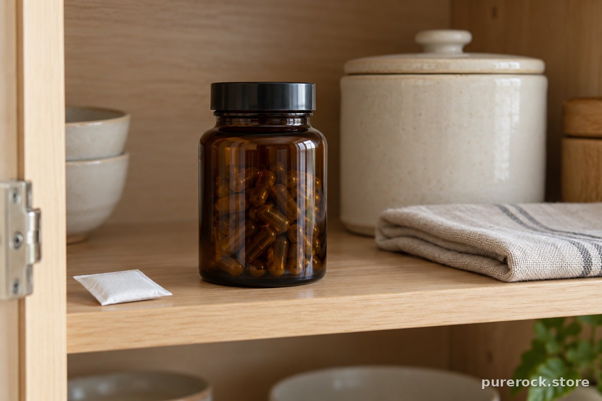 A sealed amber glass bottle on a tidy cabinet shelf beside a canister and linen, showing cool dry storage away from steam and heat