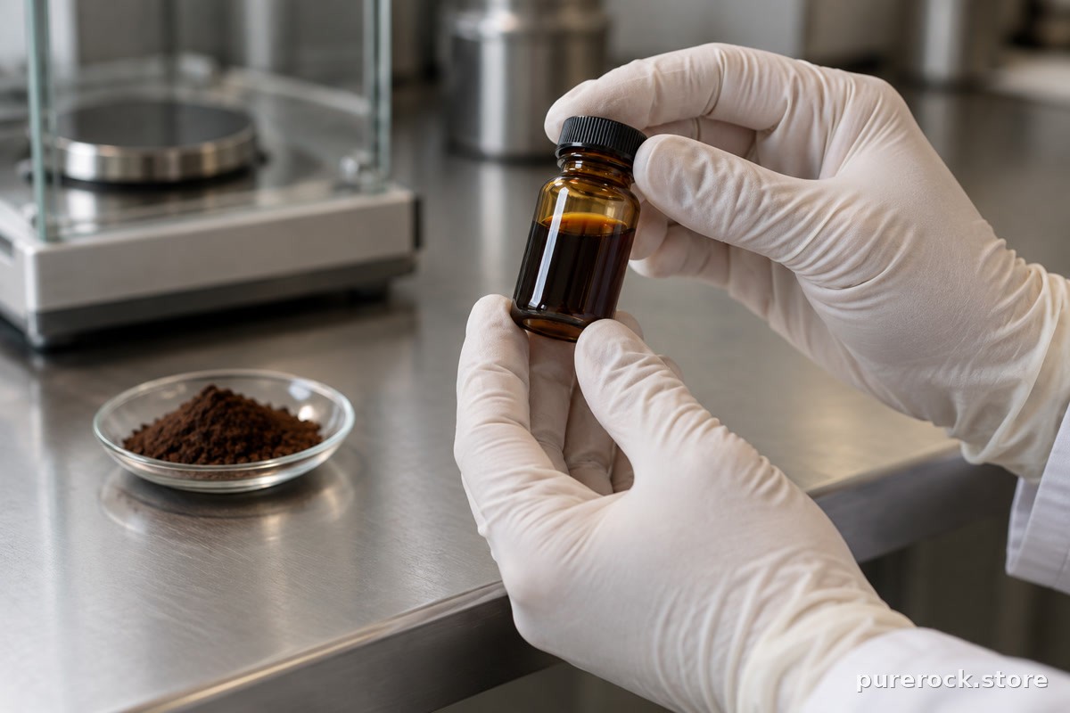 Gloved hands lifting an amber vial of dark extract over a lab bench with a balance, representing lab testing behind a certificate of analysis