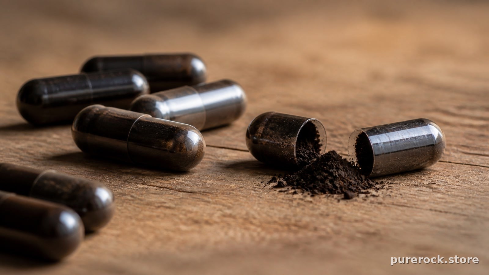 Close-up of open shilajit capsules on a wooden surface with dark extract powder visible