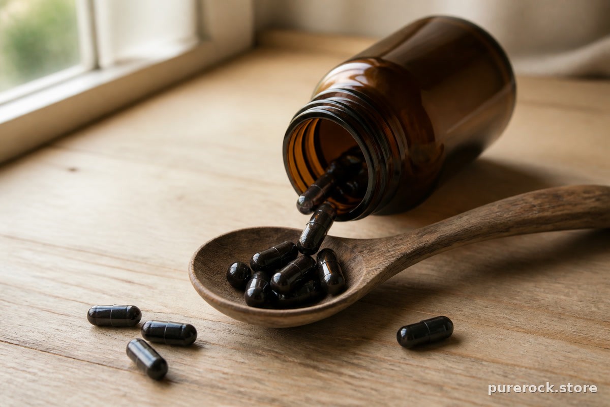 Shilajit capsules being poured from a bottle onto a wooden spoon