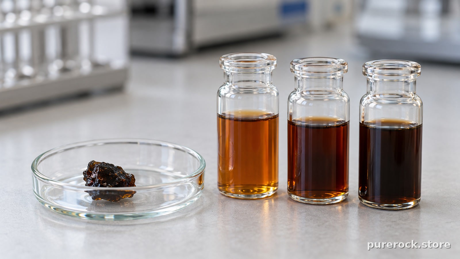 A small glass dish of dark resin beside three unlabeled sample vials of brown liquid in graduated shades on a pale laboratory bench