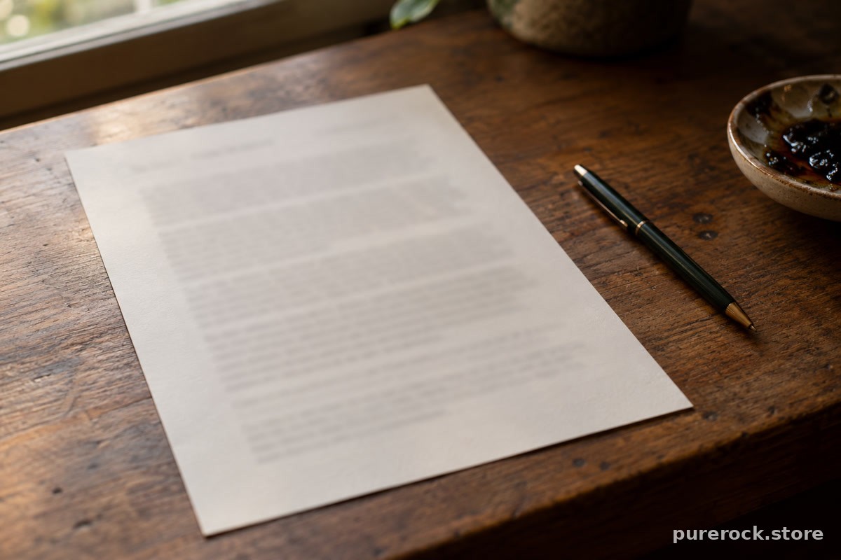A single printed page held flat on a wooden desk, blurred so no text is legible, with a pen resting beside a small dish of dark resin