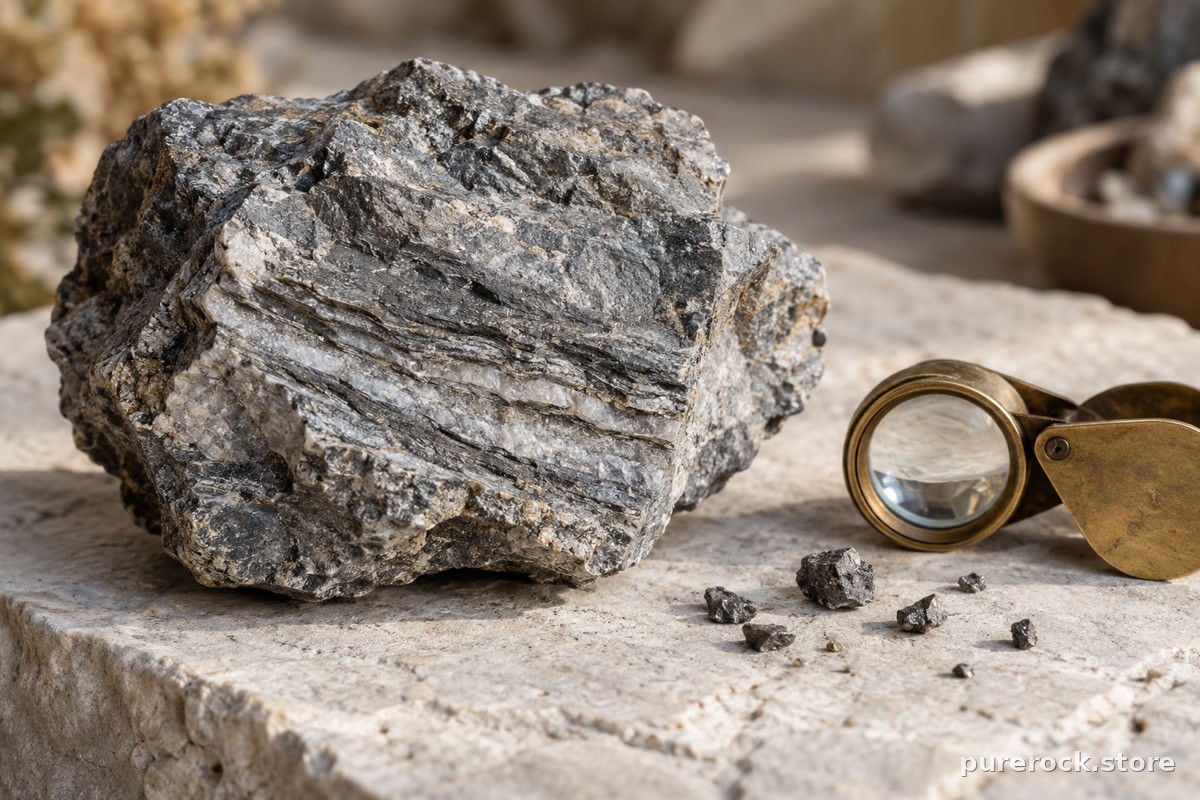 A layered grey mineral rock fragment beside a magnifying loupe on a stone slab, representing the minerals measured in shilajit analyses