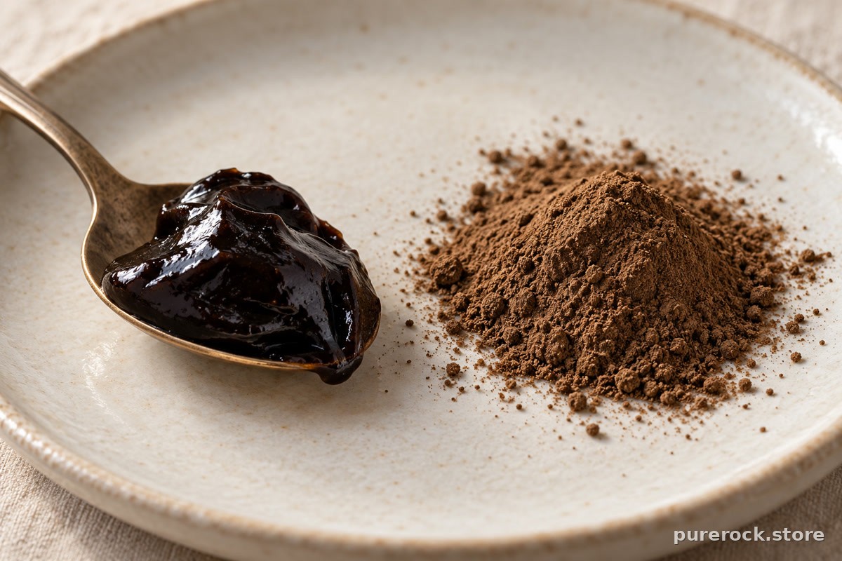 A spoon of soft dark resin next to a small heap of dry brown powder on a pale ceramic plate