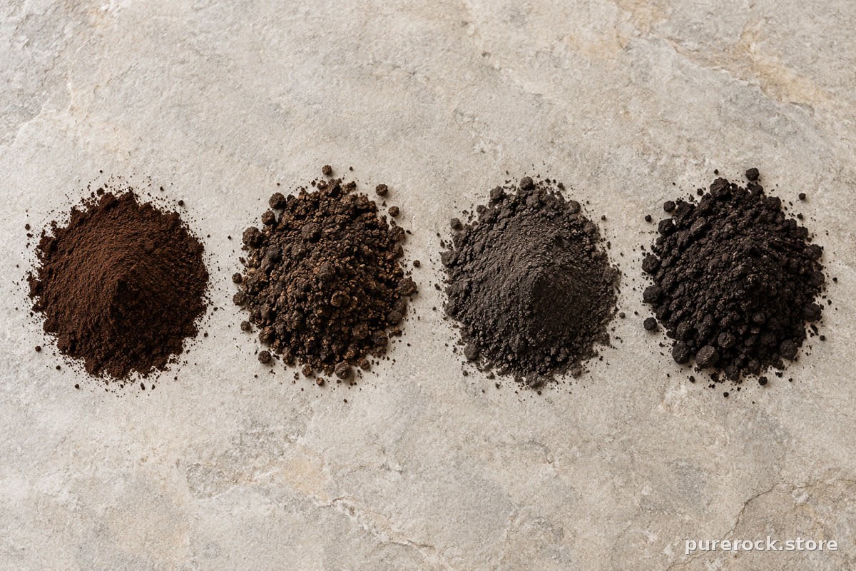Four small mounds of dark powder in slightly different shades of brown on a pale slab, representing samples from different sources