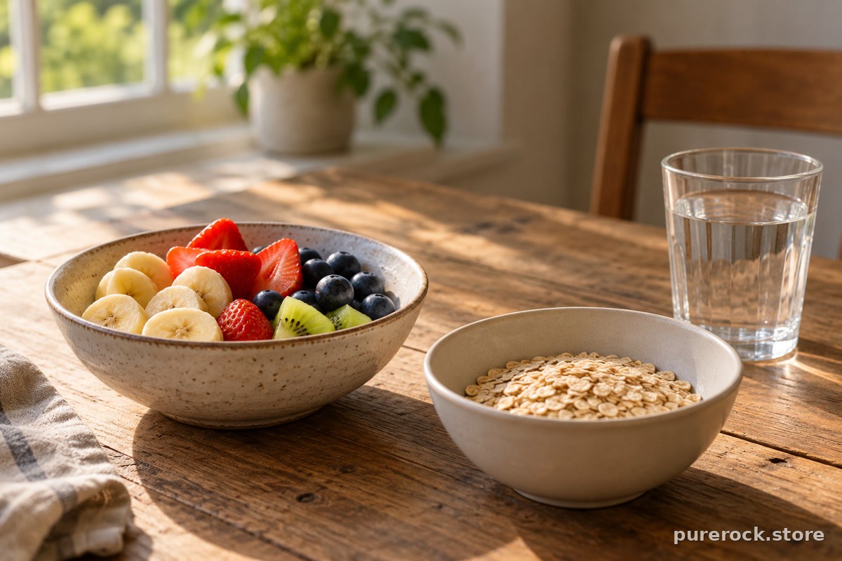 A breakfast table with a bowl of fruit, a bowl of oats and a glass of water, setting the scene for gentle digestion questions