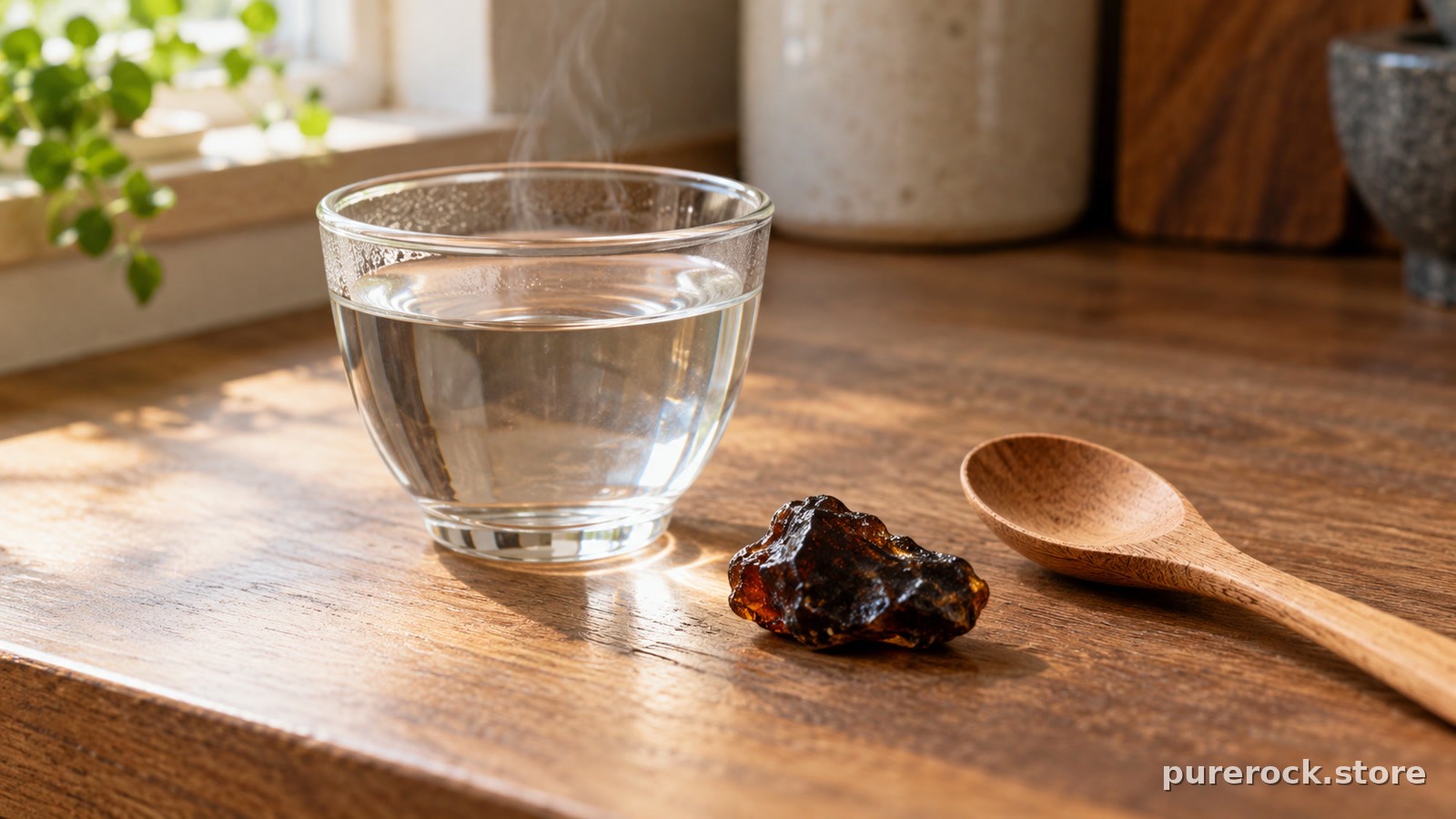 A small glass cup of warm water beside a dark piece of mineral resin on a wooden kitchen counter in morning light