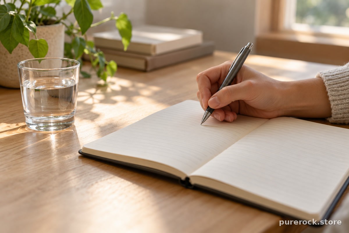 A person’s hand writing blank lines in an open notebook beside a small glass of water, no legible text